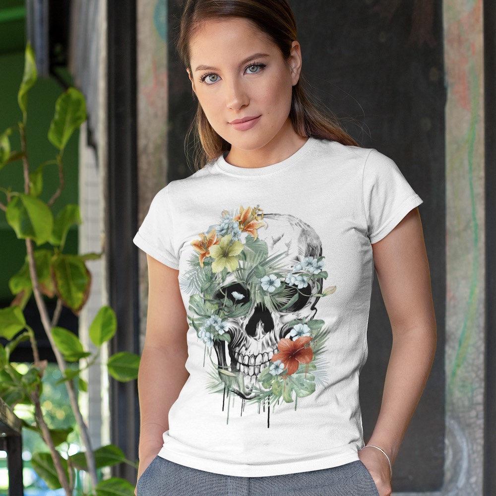 Tričko s potiskem Lebka Květy Tropické džungle